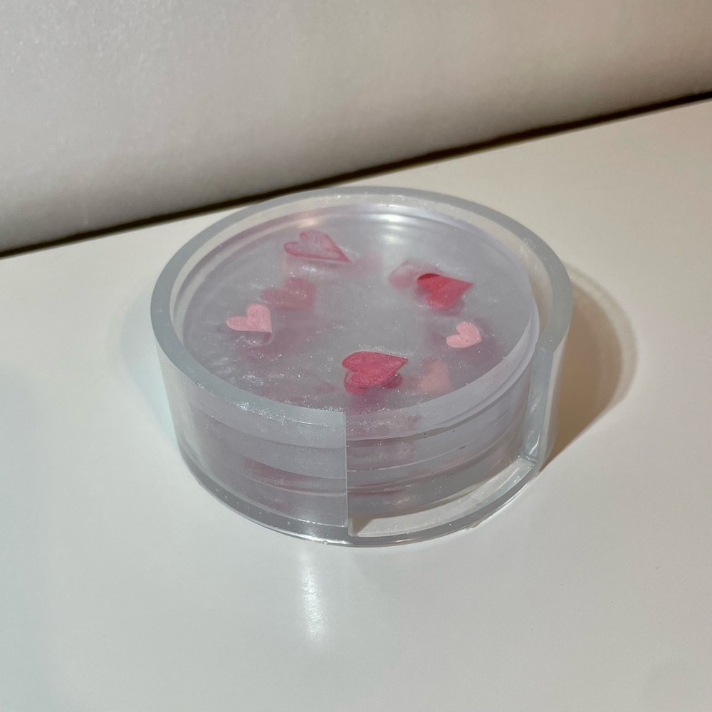 Handmade Pink Heart & Glitter Design Coaster Set epoxy resin - Picture 3 of 8
